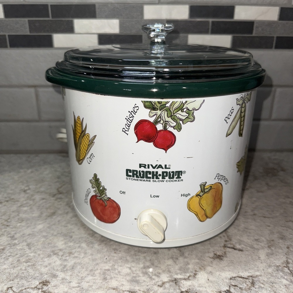 Vintage Rival Crock Pot Vegetable Pattern Model 3120 2.5 Qt Glass Lid Works